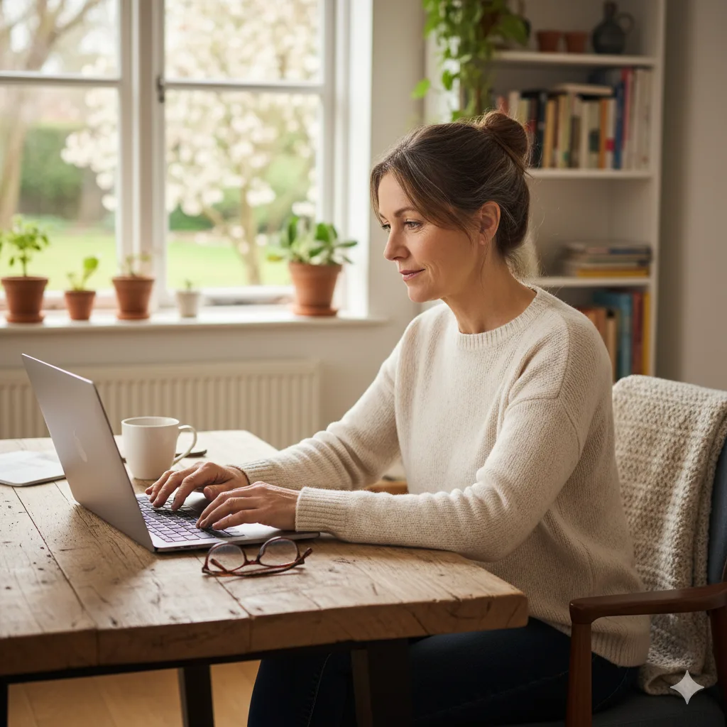 “Creative entrepreneur working from home while researching legal guidance online.”