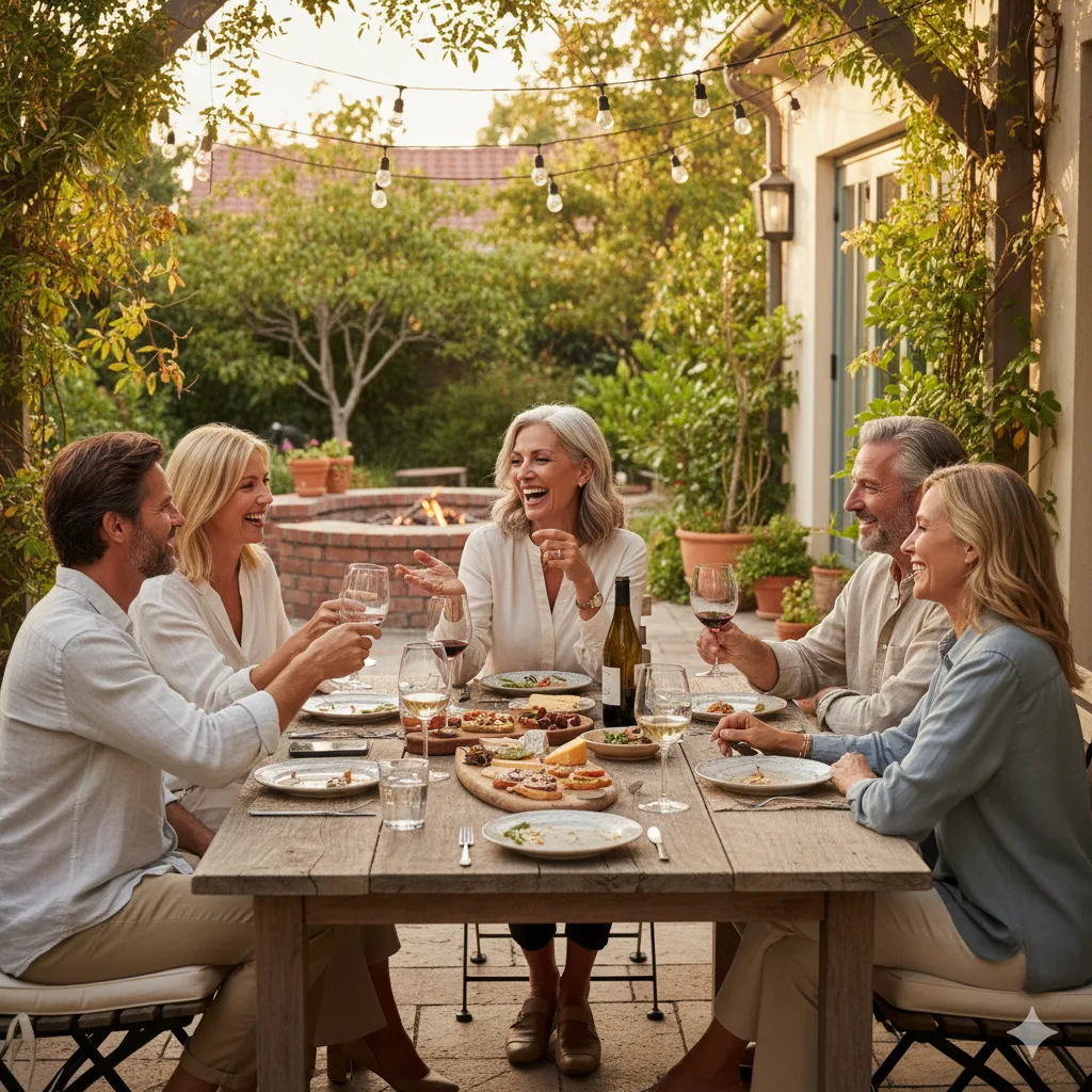 Midlife friends sharing laughter and wine at an outdoor dinner table, symbolizing connection and creativity after crisis.