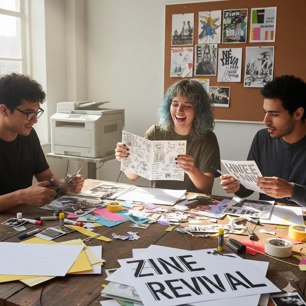 Young creatives working together on handmade zines during a zine revival workshop