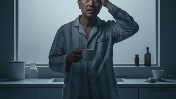 Midlife creative experiencing burnout at 50, standing in a quiet kitchen with coffee, reflecting before his breakthrough.
