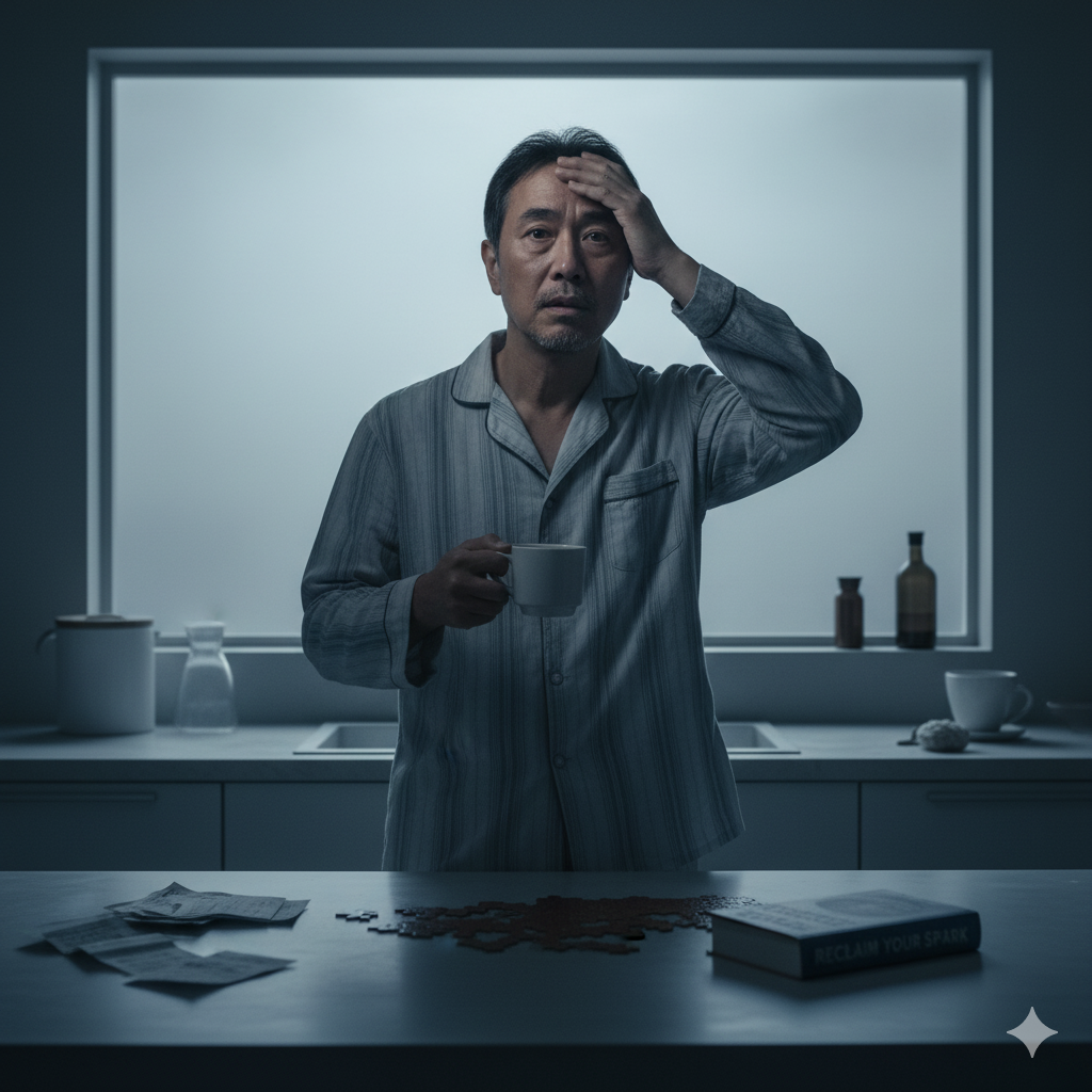 Midlife creative experiencing burnout at 50, standing in a quiet kitchen with coffee, reflecting before his breakthrough.