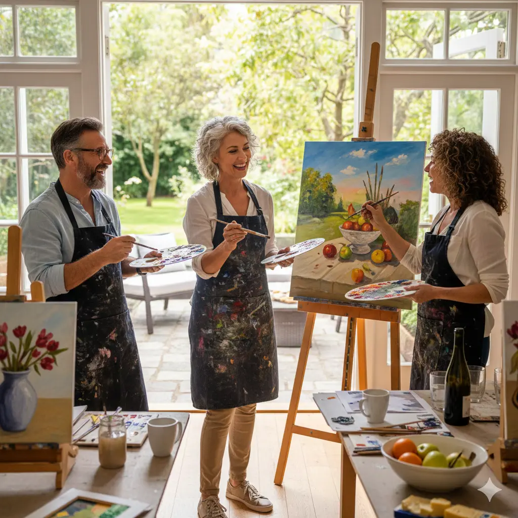 Group of adults painting together in a bright art studio during a creative workshop