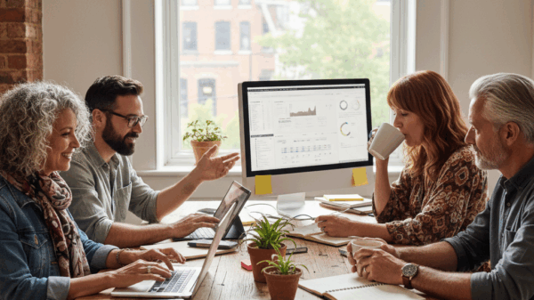 “Creative professionals over 40 collaborating in a bright studio, discussing data and projects around a shared desk.”
