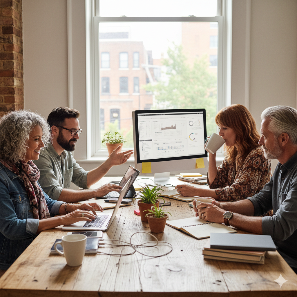 “Creative professionals over 40 collaborating in a bright studio, discussing data and projects around a shared desk.”