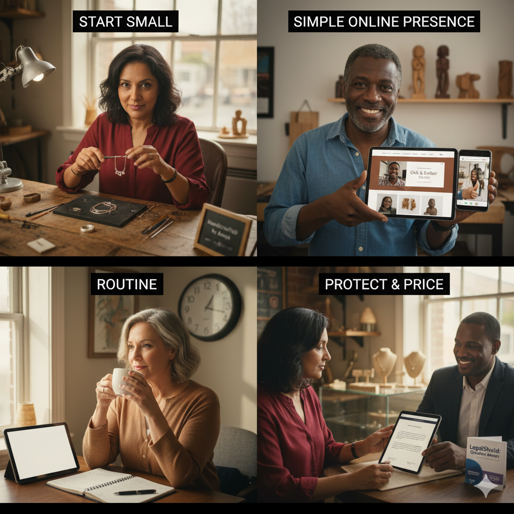 Midlife creatives starting small, building an online presence, and protecting their work — four steps to turn passion into income.