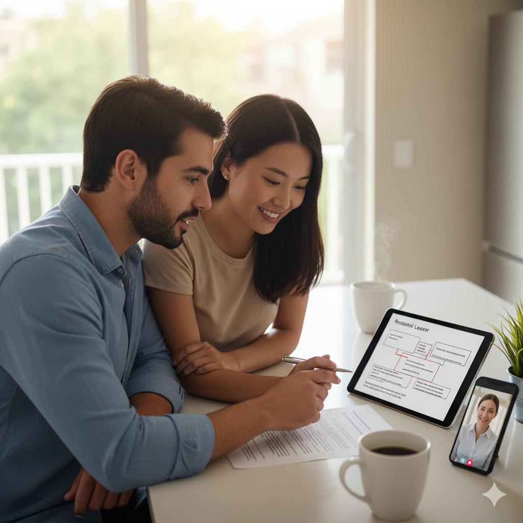 A couple reviews a residential lease with their lawyer via video call, representing affordable and convenient everyday legal protection with LegalShield.