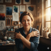 Smiling midlife female artist sitting in her cozy art studio surrounded by brushes and sketches, symbolizing confidence and creativity in pricing your art.