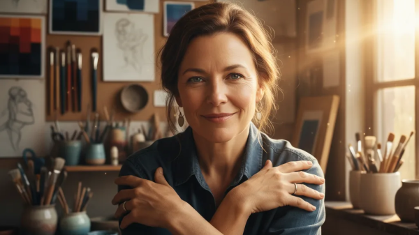 Smiling midlife female artist sitting in her cozy art studio surrounded by brushes and sketches, symbolizing confidence and creativity in pricing your art.