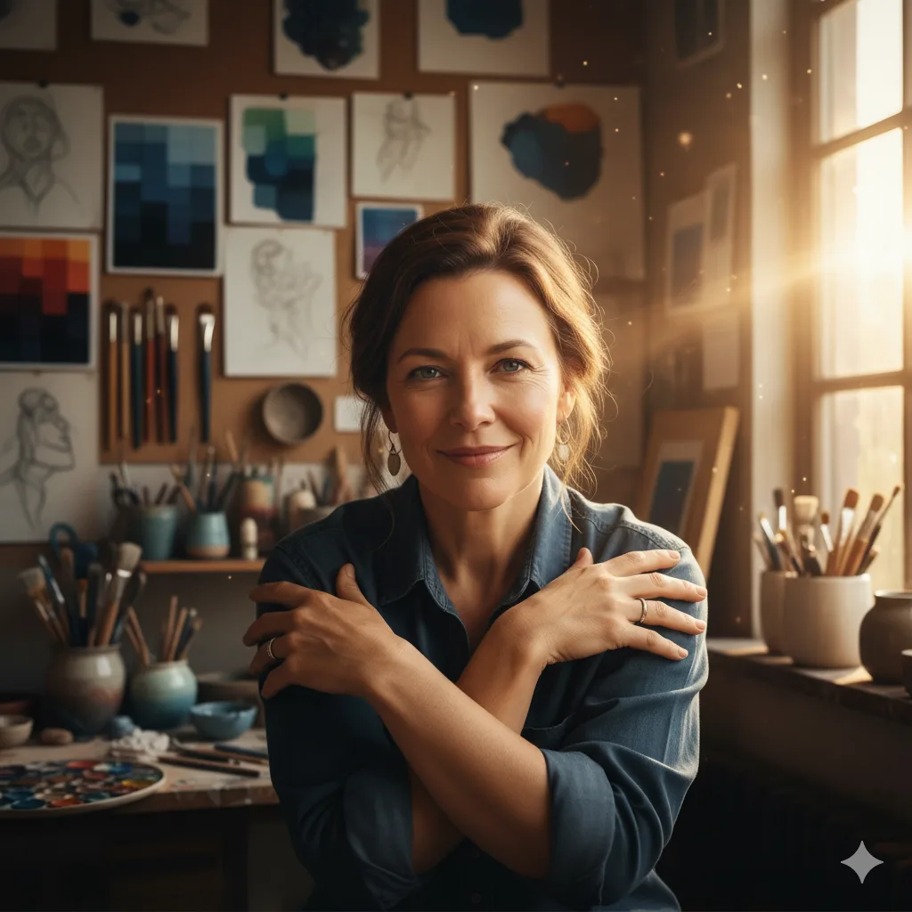 Smiling midlife female artist sitting in her cozy art studio surrounded by brushes and sketches, symbolizing confidence and creativity in pricing your art.