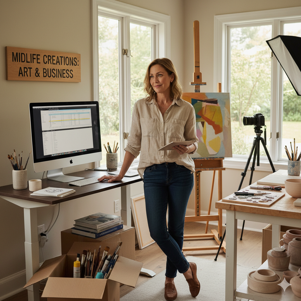 “Midlife artist setting up her studio and business with art supplies, computer, and creative workspace.”