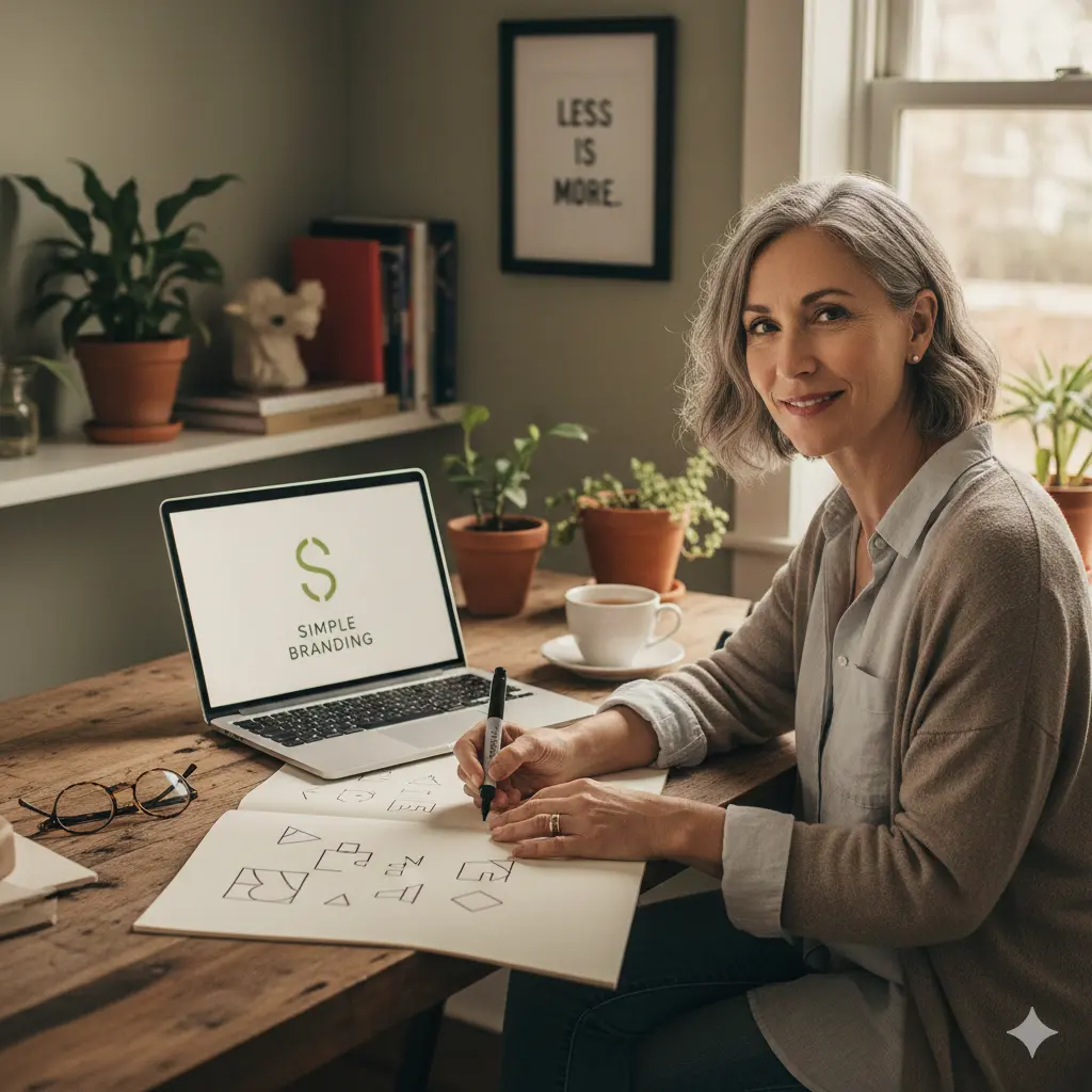 Woman sketching simple branding logo ideas at her desk with a laptop and plants in the background