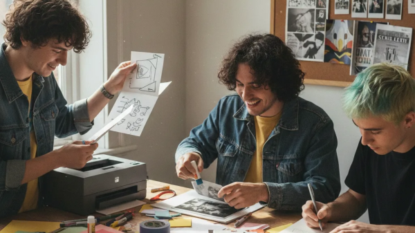 Group of young creators making handmade zines together at a table during a zine workshop