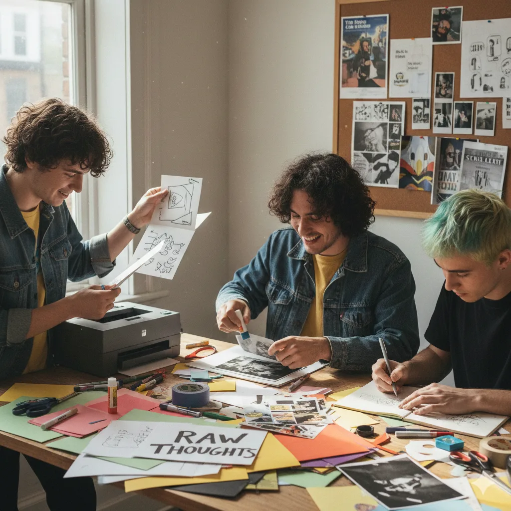 Group of young creators making handmade zines together at a table during a zine workshop
