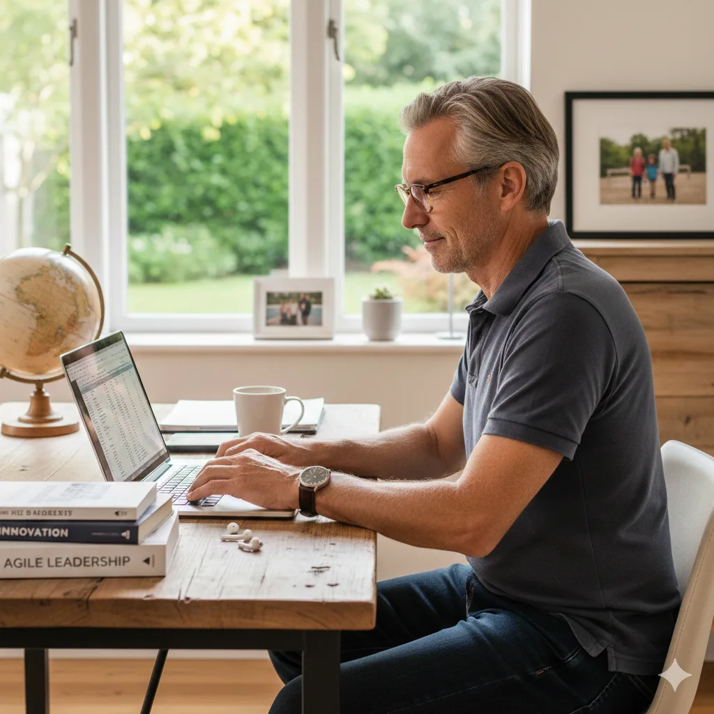 Man working on a laptop at home while reviewing documents for legal confidence and creative business tasks