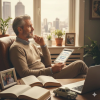 Man sitting by a window reading career planning material on a tablet, reflecting on new career paths in a cozy home office