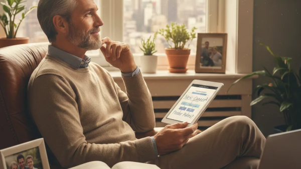 Man sitting by a window reading career planning material on a tablet, reflecting on new career paths in a cozy home office