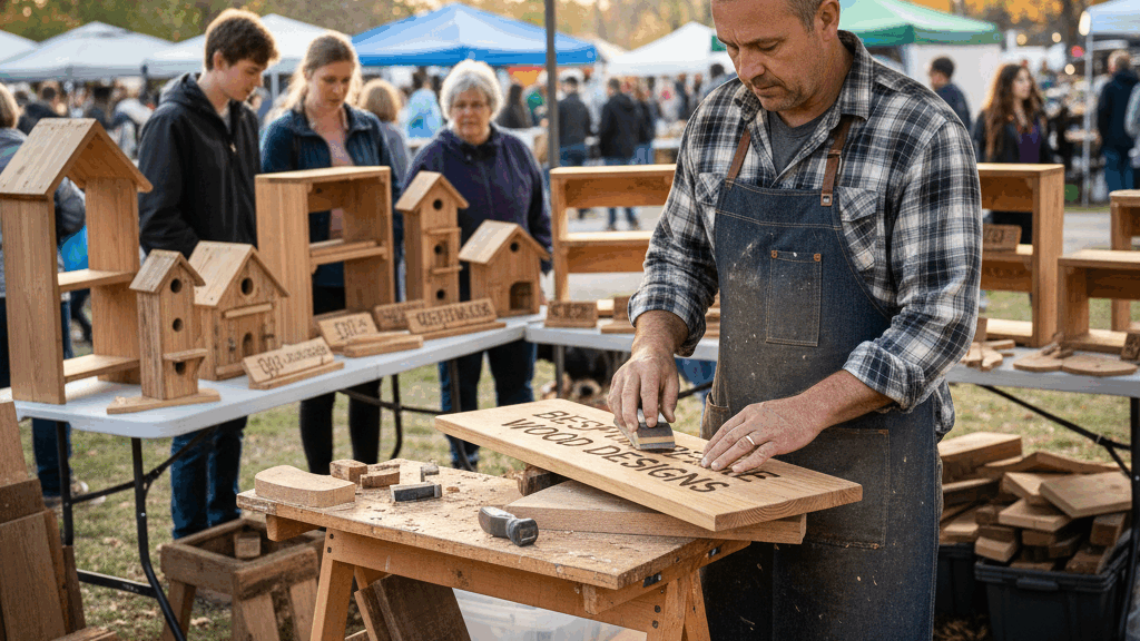 Man working on a custom wood sign at an outdoor craft fair booth, surrounded by handmade birdhouses and wooden creations with visitors browsing nearby.