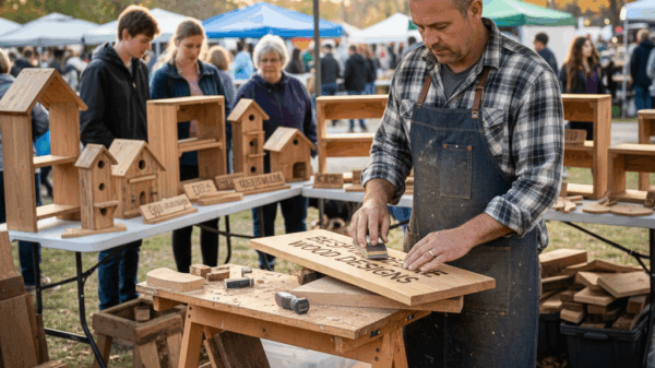 Man working on a custom wood sign at an outdoor craft fair booth, surrounded by handmade birdhouses and wooden creations with visitors browsing nearby.