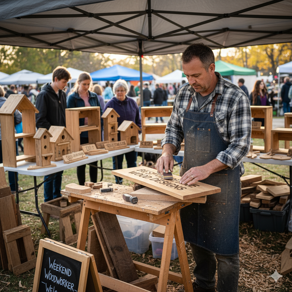 Man working on a custom wood sign at an outdoor craft fair booth, surrounded by handmade birdhouses and wooden creations with visitors browsing nearby.