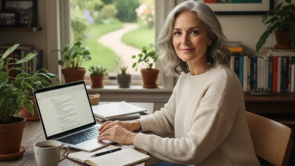 Woman working on her laptop in a bright home office, researching topics connected to the modern zine comeback