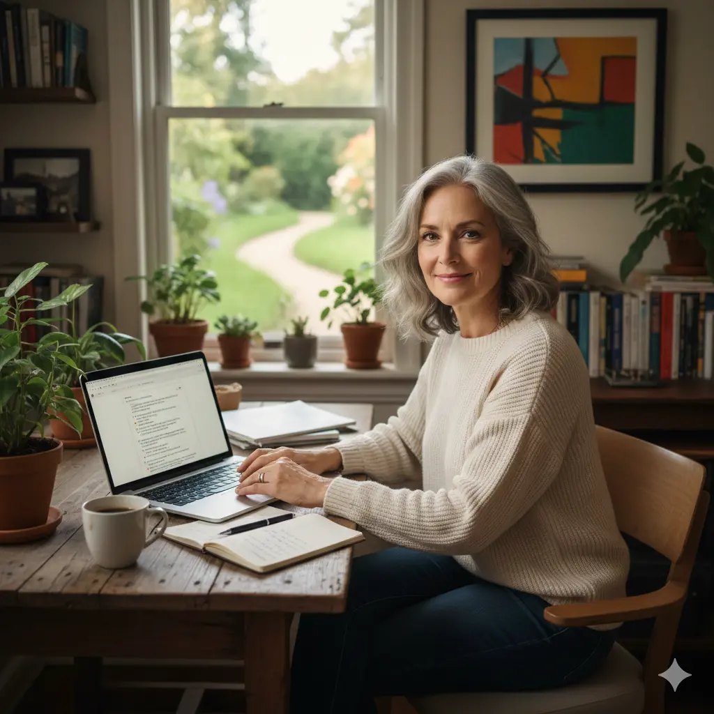 Woman working on her laptop in a bright home office, researching topics connected to the modern zine comeback