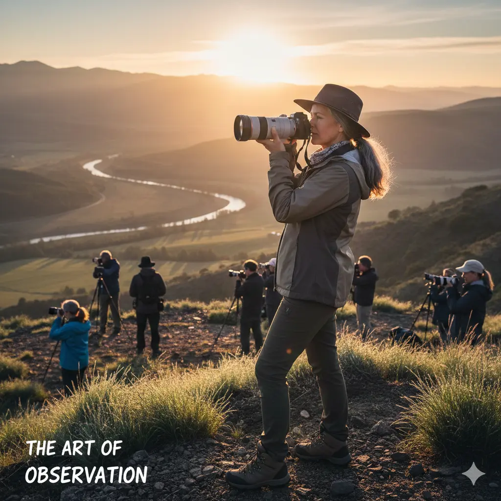 Woman photographing a sunrise as part of her creative reinvention after 40 during an outdoor workshop