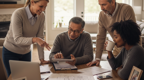 A friendly team of adults reviewing legal documents and digital plans together at home, featuring the LegalShield logo and tagline “Protection for Real Life.”