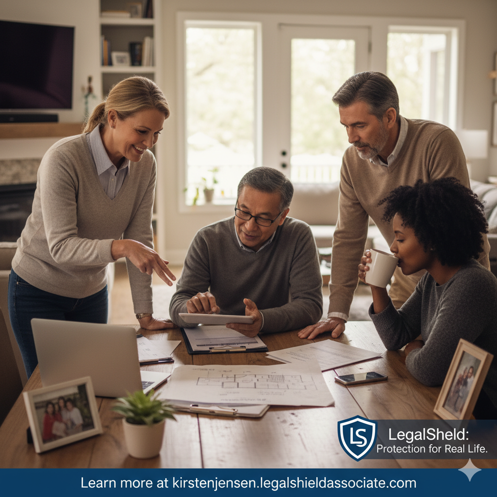 A friendly team of adults reviewing legal documents and digital plans together at home, featuring the LegalShield logo and tagline “Protection for Real Life.”