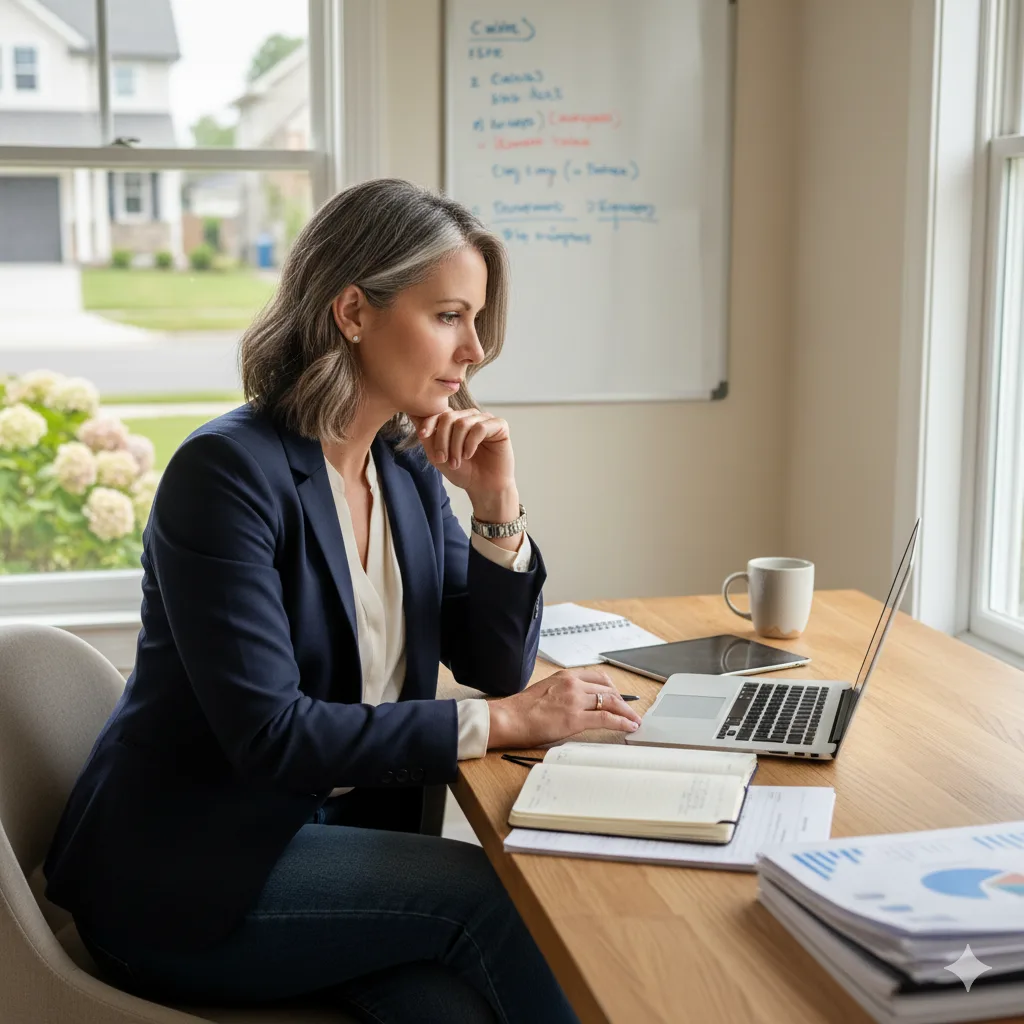 “Midlife businesswoman planning her creative business setup while working on a laptop at home office desk.”