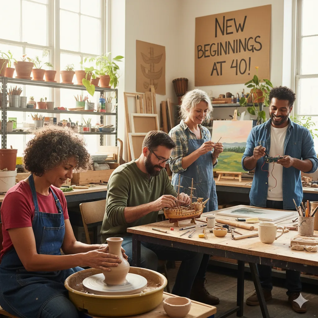 “Group of adults in their 40s enjoying creative hobbies together in a bright art studio, symbolizing new beginnings and midlife freedom.”