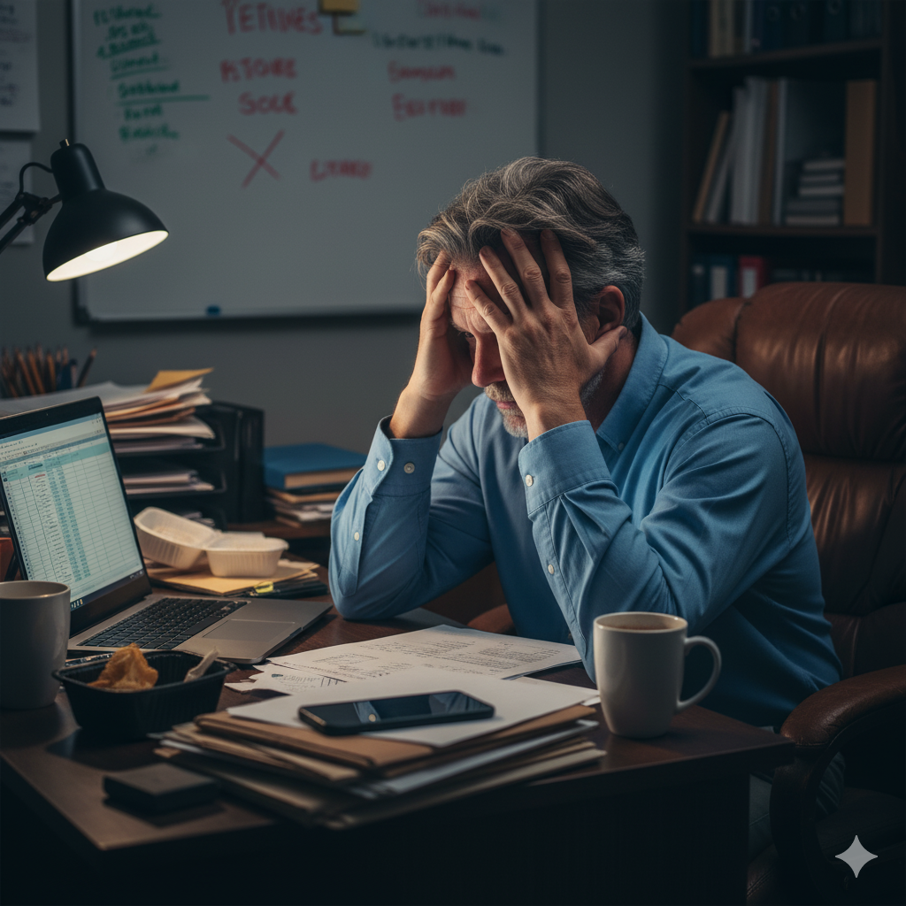 Midlife professional facing burnout at 50, overwhelmed by work before beginning his creative breakthrough journey.