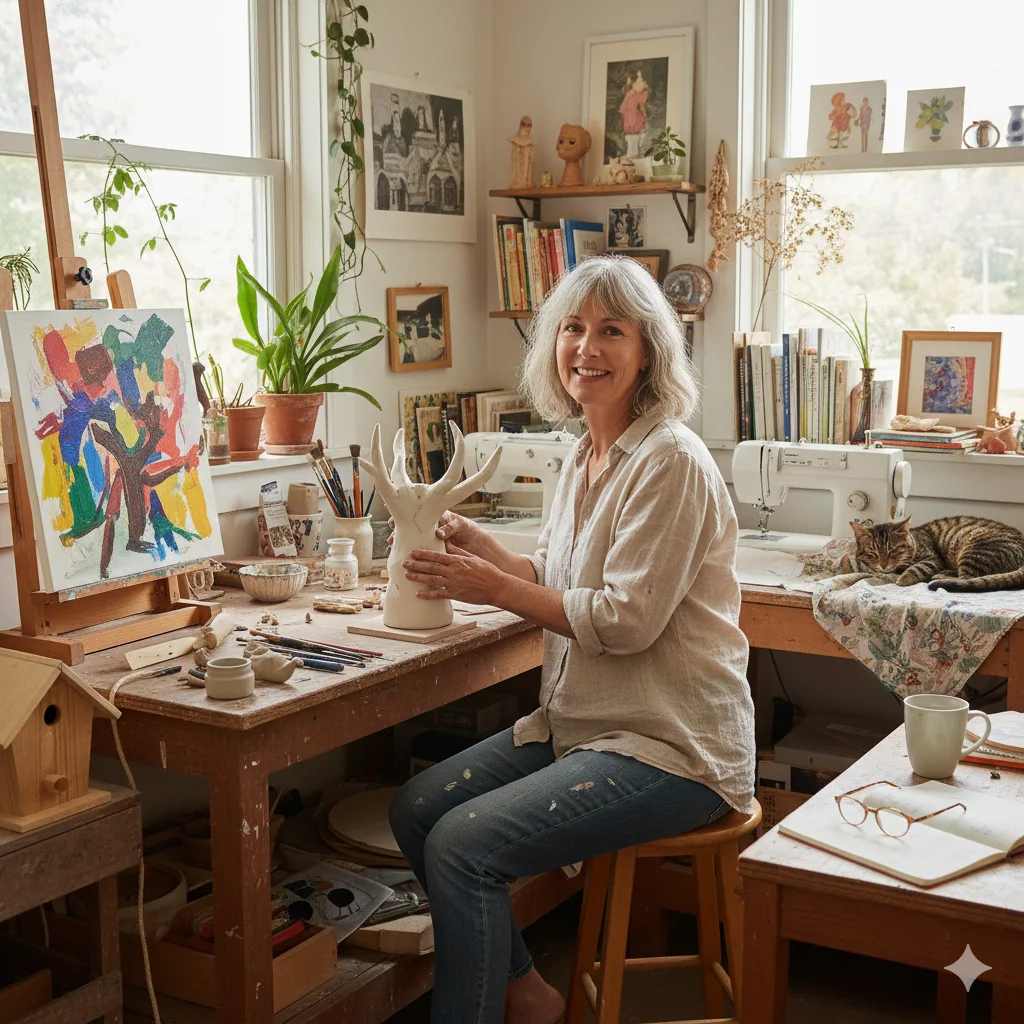 Midlife creative sculpting in her art studio, representing balance and renewal from the creatives anti burnout manifesto.