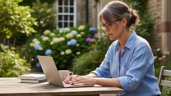 Woman working remotely on a laptop in a garden, representing freelancers who benefit from legal backup.