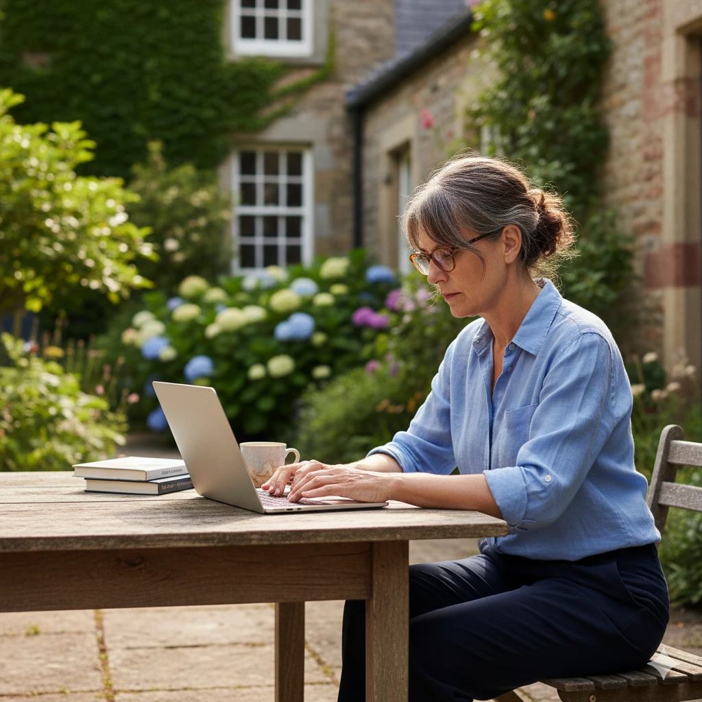 Woman working remotely on a laptop in a garden, representing freelancers who benefit from legal backup.