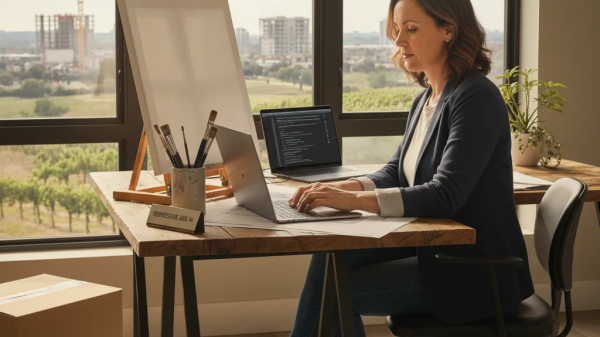 “Midlife woman working on a laptop beside an easel in a bright studio, planning new creative ventures with a city view in the background.”