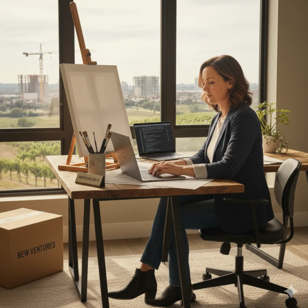 “Midlife woman working on a laptop beside an easel in a bright studio, planning new creative ventures with a city view in the background.”