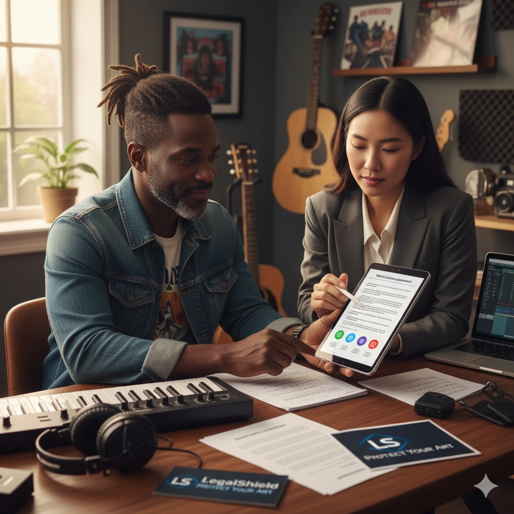 Musician learning legal tips every creative should know, reviewing contracts and copyright protection through LegalShield.