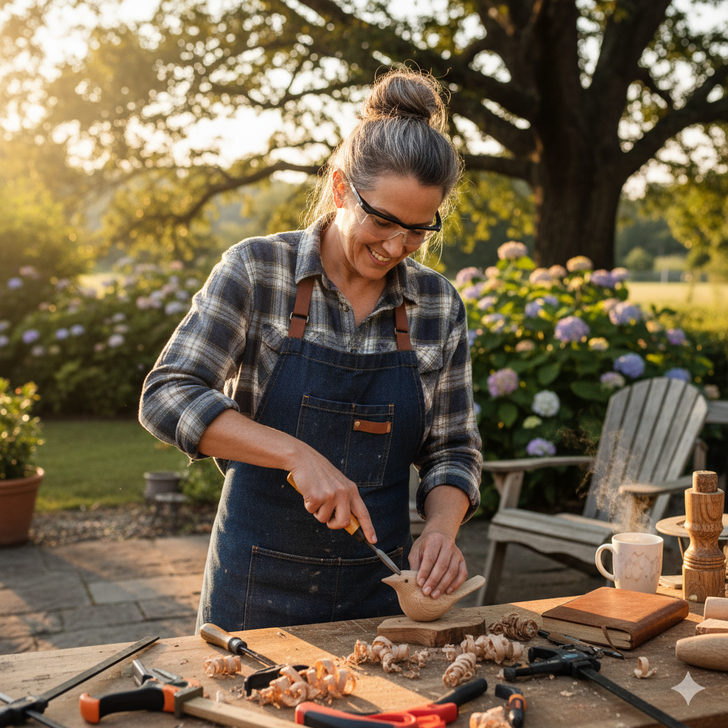 Woman enjoying weird hobbies after 40, carving wood outdoors as a creative midlife pastime.