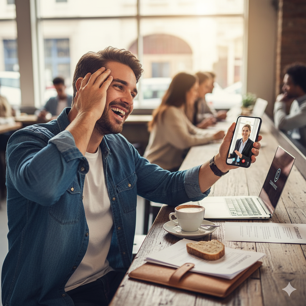 A smiling man has a video call with a lawyer while working at a café, symbolizing everyday legal protection made easy through LegalShield’s mobile support.