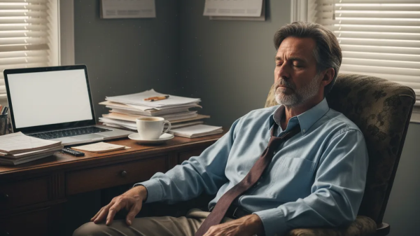 A tired middle-aged man sitting in a home office chair, eyes closed, surrounded by paperwork and a laptop, showing signs of burnout.