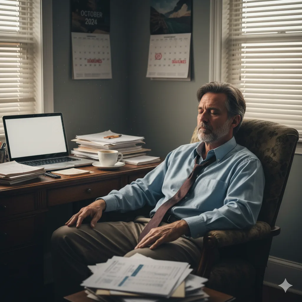 A tired middle-aged man sitting in a home office chair, eyes closed, surrounded by paperwork and a laptop, showing signs of burnout.