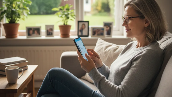 Woman relaxing on a sofa while checking her phone, reflecting on starting over in creative life at home