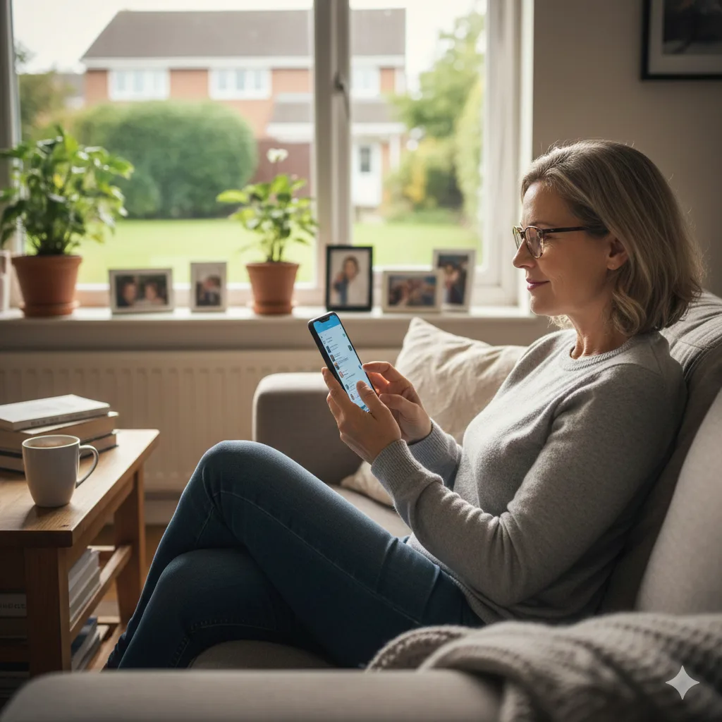 Woman relaxing on a sofa while checking her phone, reflecting on starting over in creative life at home
