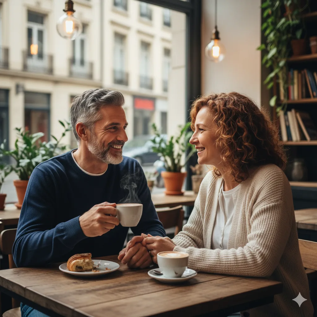 Smiling middle-aged creative couple enjoying coffee together in a cozy café, discussing business ideas and sharing laughter.