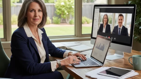 “Professional midlife woman working from home, attending a virtual meeting on her computer while reviewing business charts on her laptop.”