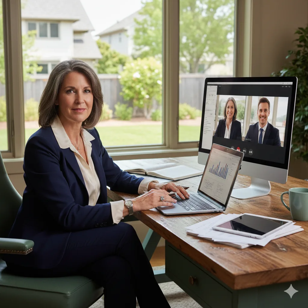 “Professional midlife woman working from home, attending a virtual meeting on her computer while reviewing business charts on her laptop.”