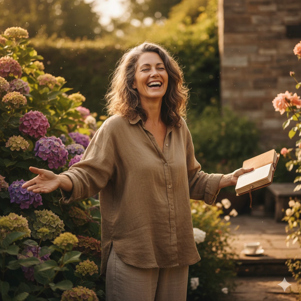 “Midlife woman laughing joyfully in a garden surrounded by blooming hydrangeas while holding an open journal.”