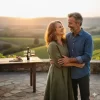 Smiling creative couple embracing outdoors at sunset with wine and cheese on a table, celebrating life and business success together.
