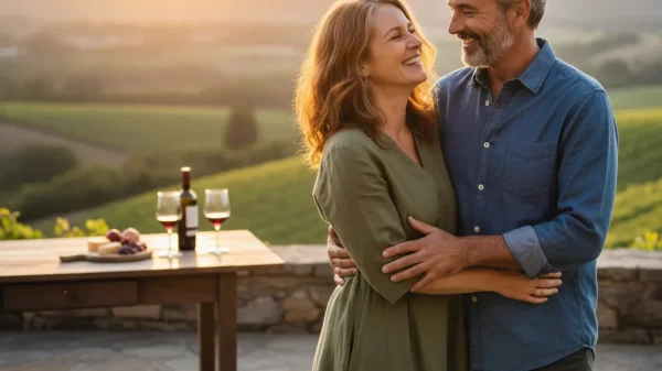 Smiling creative couple embracing outdoors at sunset with wine and cheese on a table, celebrating life and business success together.