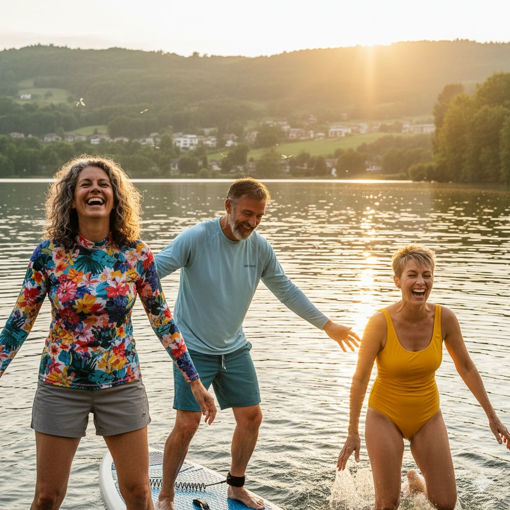 Friends enjoying creative energy outdoors, laughing together while paddleboarding and splashing in the lake at sunset.